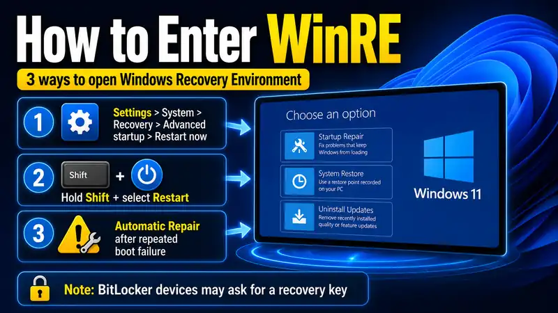 Three ways to enter Windows RE using Advanced startup, Shift Restart, and Automatic Repair