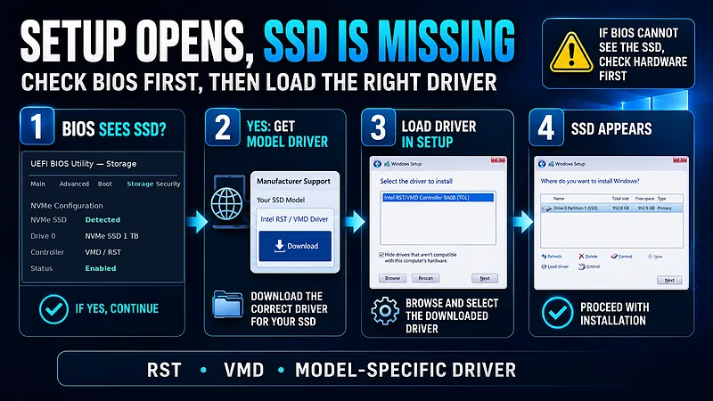 Workflow to confirm SSD detection in BIOS and load the model-specific VMD or RST storage driver in Windows Setup