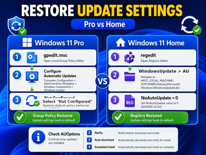 Windows 11 Group Policy and registry restore comparison using Not Configured and NoAutoUpdate 0