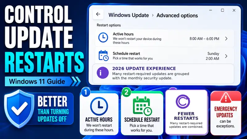 Windows 11 update restart control using Active hours, restart scheduling, and the 2026 monthly security update restart experience