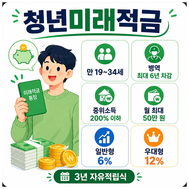 청년미래적금 만 19~34세·병역 최대 6년 차감·중위소득 200% 이하·월 최대 50만원·일반형 6%·우대형 12% 안내