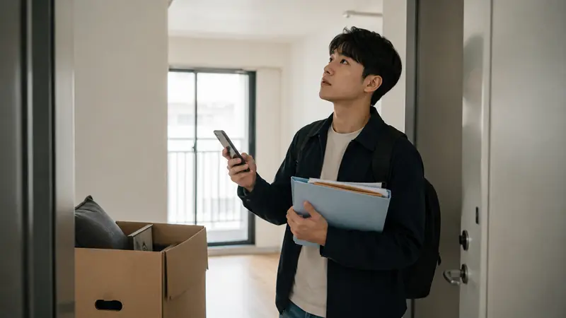 청년이 계약 서류와 휴대폰을 들고 입주 전 주택 상태를 확인하는 장면
