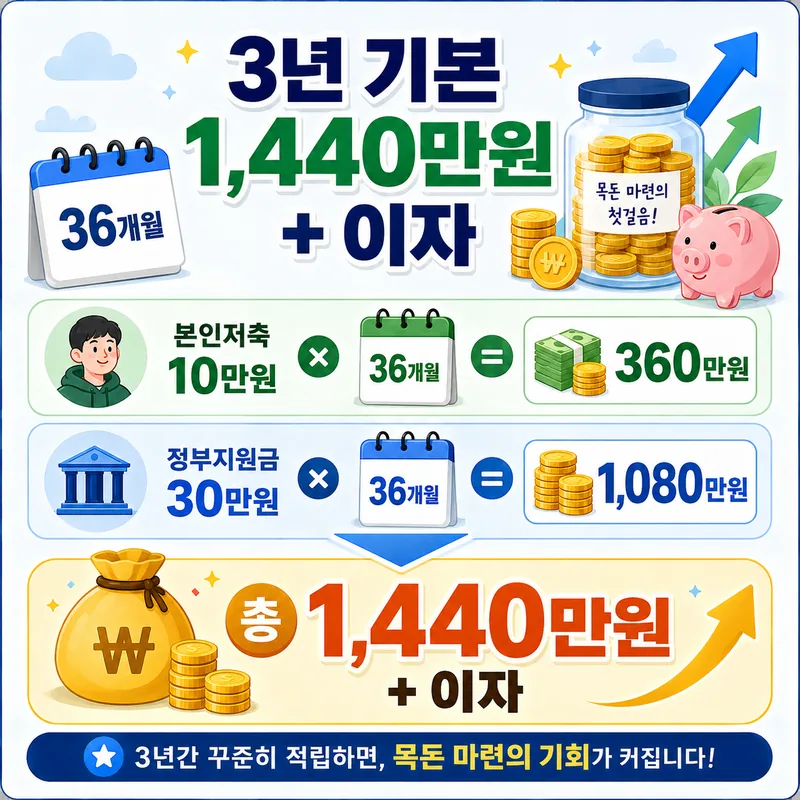 청년내일저축계좌 3년 1440만원과 이자 예시 안내