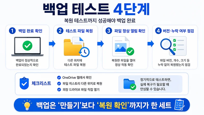 백업 완료 확인부터 테스트 파일 복원, 정상 열림 확인, 버전과 누락 여부 점검까지 보여주는 백업 테스트 이미지
