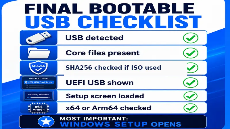 Final bootable USB test checklist for files, optional ISO SHA256, UEFI, Windows Setup, x64, and Arm64