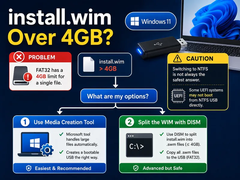 Options for handling an install.wim larger than 4GB on a FAT32 Windows bootable USB