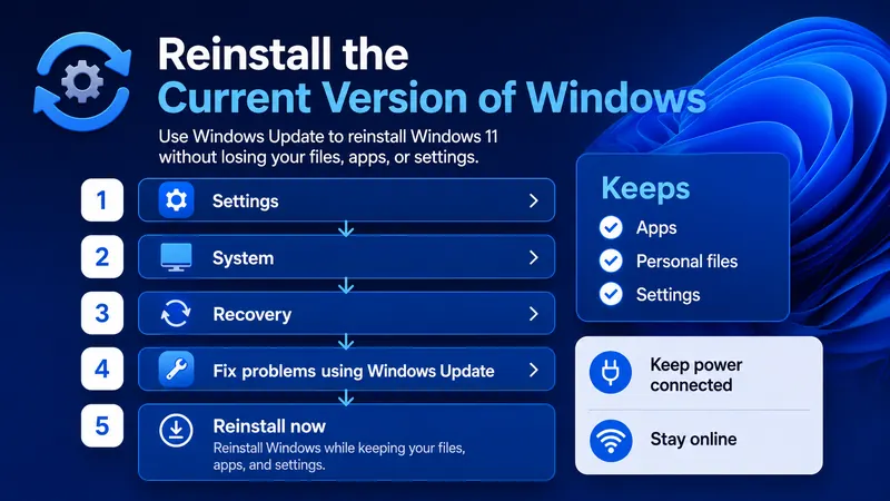 Windows 11 recovery path to reinstall the current version through Windows Update while keeping apps, personal files, and settings