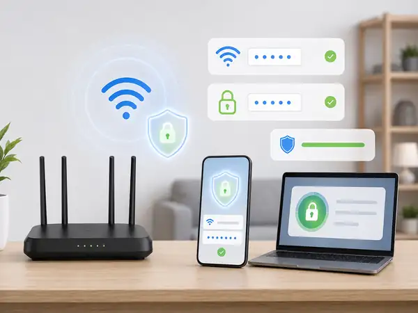 Checking WiFi security settings on a router, phone, and laptop