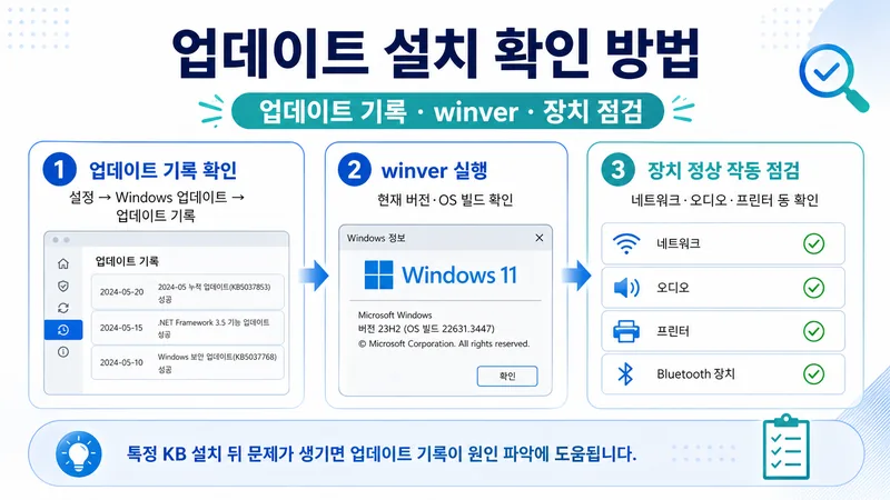 업데이트 기록 확인, winver 실행, 장치 정상 작동 점검으로 업데이트 설치 여부를 확인하는 인포그래픽