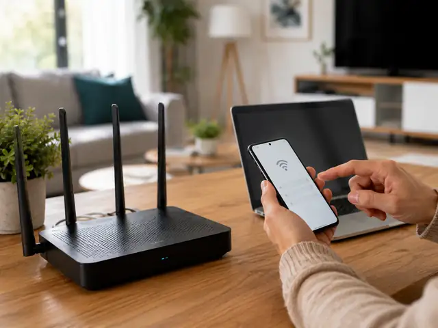 Person checking WiFi router security settings on a smartphone