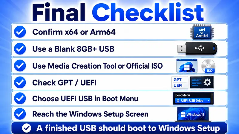 Windows 11 bootable USB final checklist for x64, Arm64, UEFI, and Windows Setup