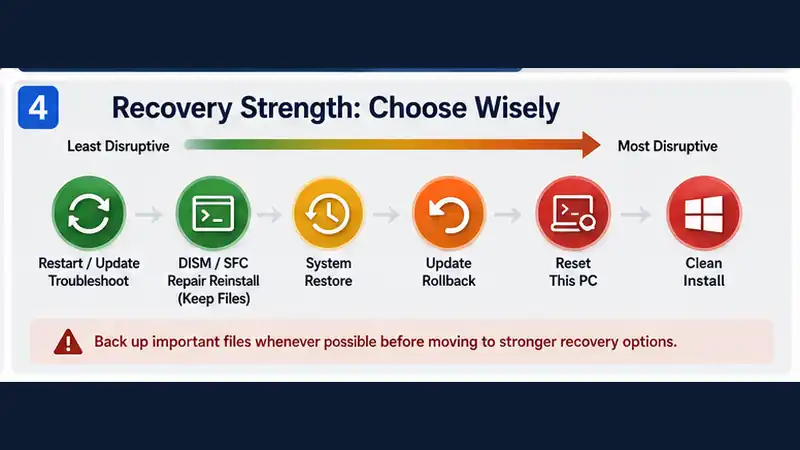 Windows 11 recovery options ranked from lower-impact repair to Reset this PC and clean install