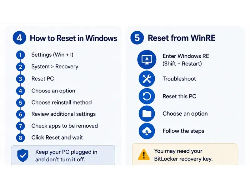 Windows 11 reset paths using Settings when Windows boots and WinRE when it does not