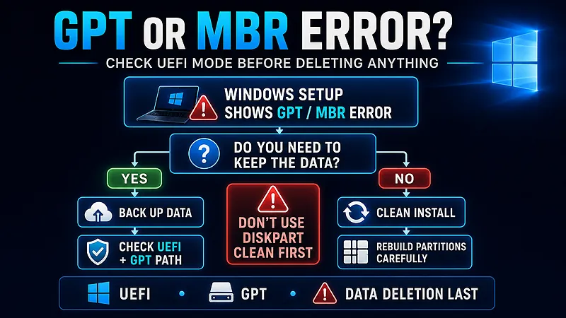 Decision flow for GPT or MBR errors that checks data preservation before UEFI/GPT conversion or clean installation