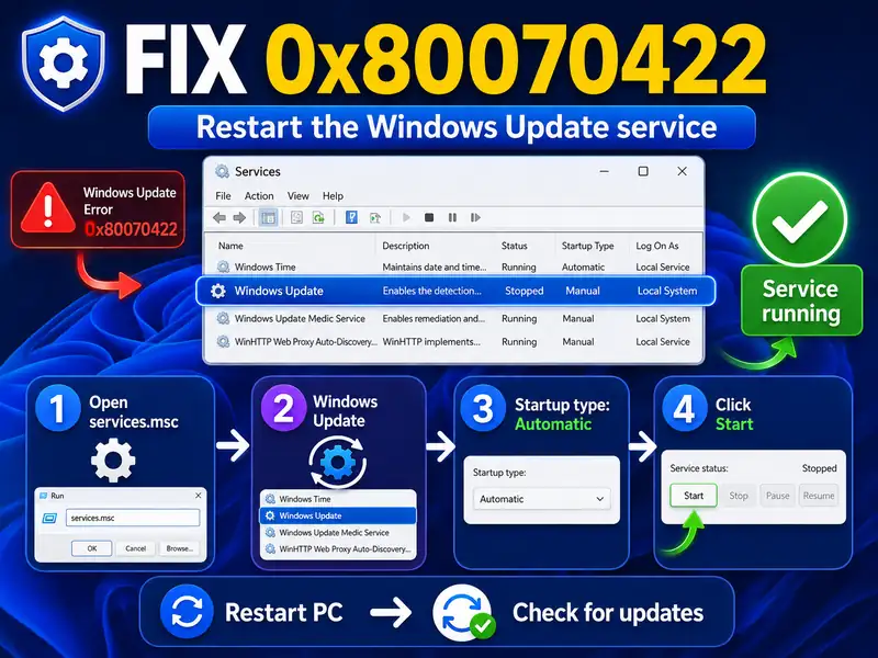 Windows Update service recovery for error 0x80070422 using services.msc, Automatic startup, Start, restart, and Check for updates