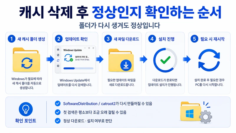 Windows가 새 캐시 폴더를 만들고 업데이트 확인, 새 파일 다운로드, 설치 진행, 필요 시 재시작으로 정상 여부를 확인하는 단계