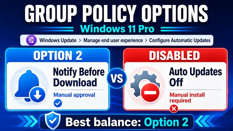 Windows 11 Pro Group Policy comparison between Notify for download option 2 and Disabled automatic updates