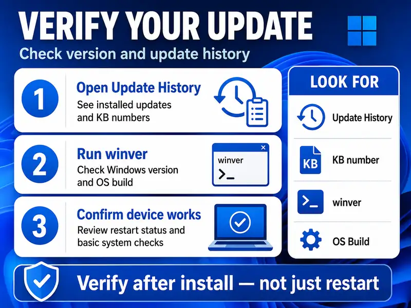 Windows Update cache reset verification with recreated cache folders, fresh downloads, successful installation, and normal restart behavior