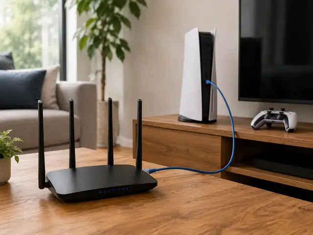 A WiFi router connected to a stationary device with an Ethernet cable