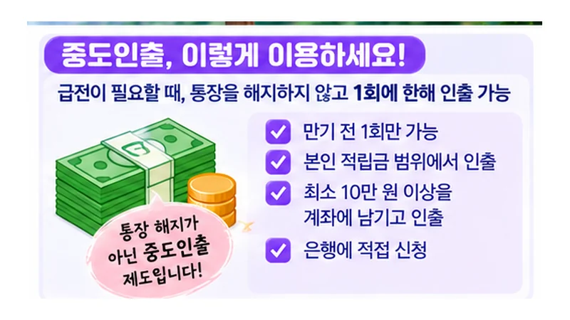 청년내일저축계좌 중도인출 1회·본인적금 범위·최소 10만원 잔액 유지 안내