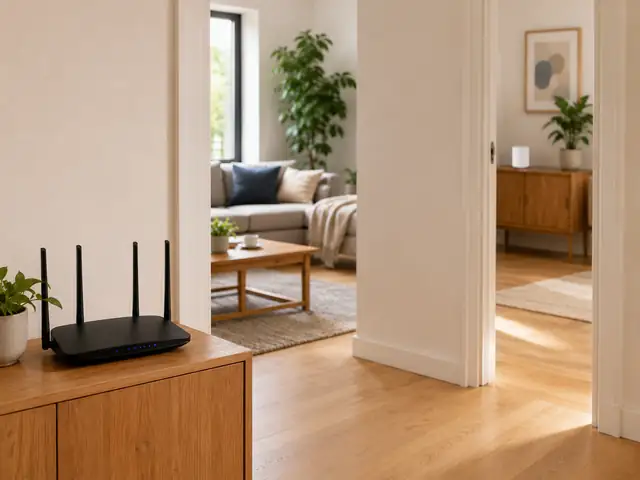 Home with a main router and mesh WiFi node positioned to extend coverage across rooms