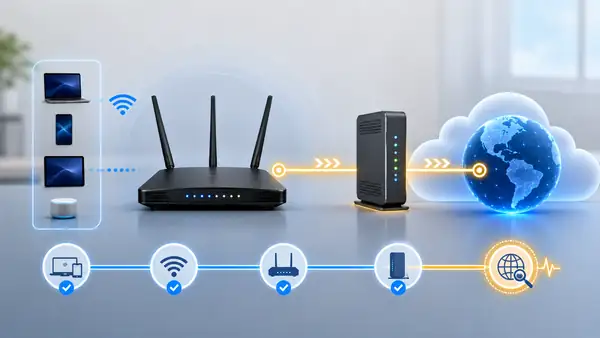 Checking the network path from the router through the modem to the external internet