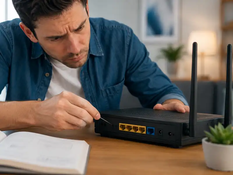 Carefully pressing a router reset pinhole as a last-resort factory reset