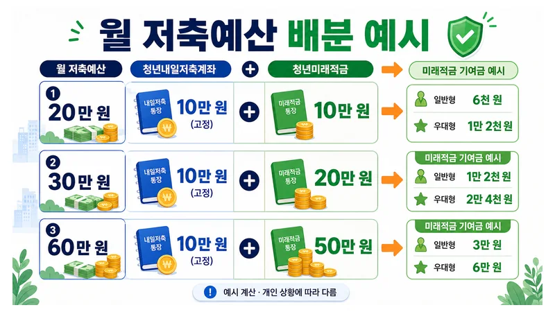 청년내일저축계좌와 청년미래적금 월 저축예산 20만·30만·60만원 배분 및 미래적금 정부기여금 예시