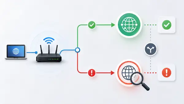Comparing successful and failed network paths to diagnose external IP and DNS or domain resolution