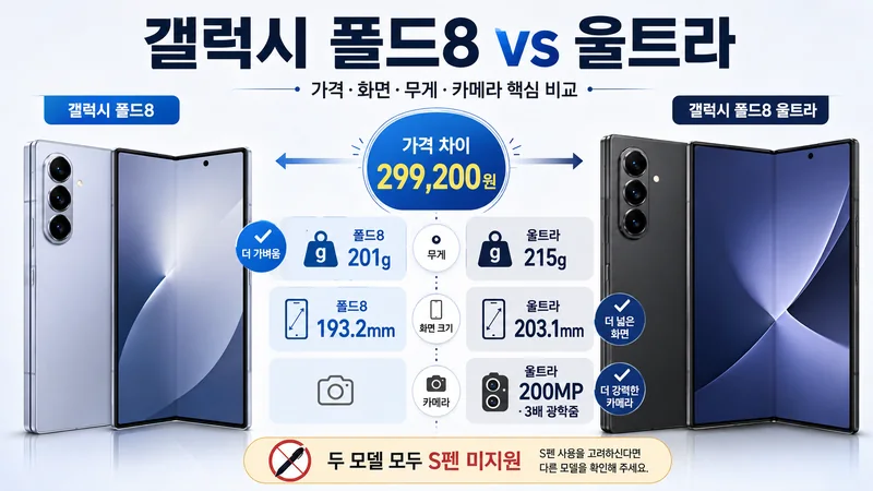 갤럭시 폴드8과 폴드8 울트라 가격 화면 무게 카메라 핵심 비교 인포그래픽