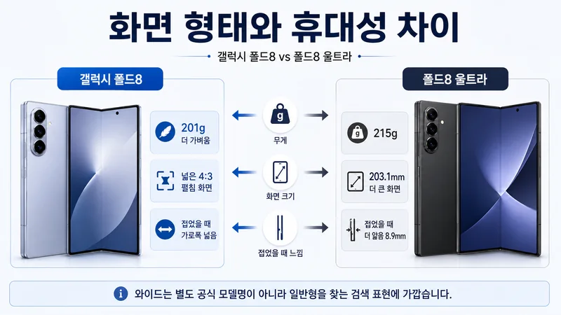 갤럭시 폴드8과 폴드8 울트라의 무게 화면 형태 접었을 때 두께 차이 비교
