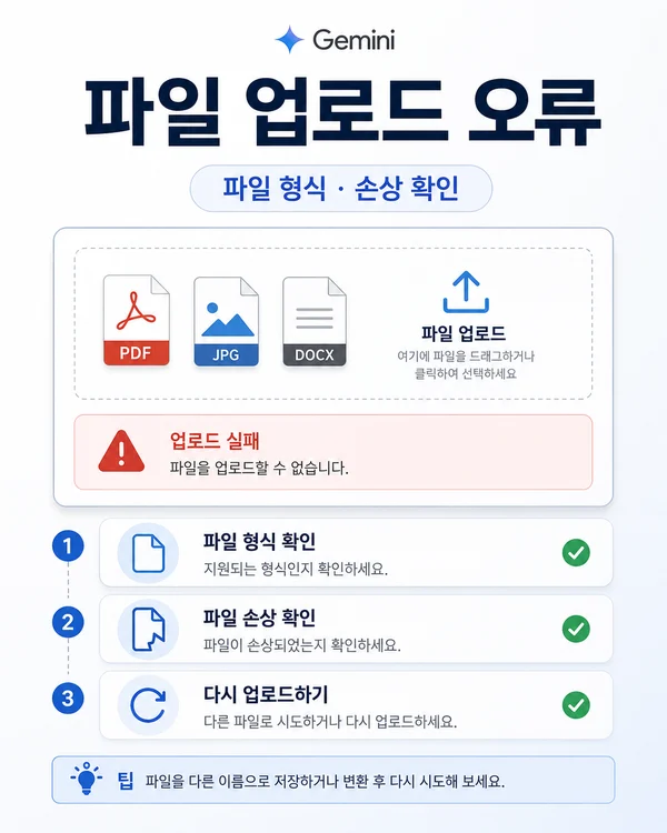 Gemini 파일 업로드 오류에서 파일 형식 크기와 다시 업로드 여부를 확인하는 장면