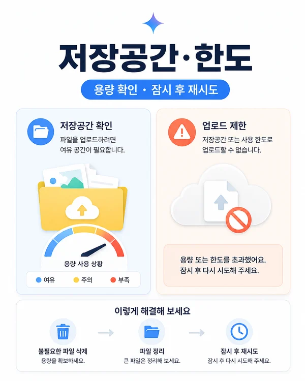 Gemini 파일 업로드가 저장공간 또는 사용량 한도 때문에 막힌 상태를 구분하는 장면