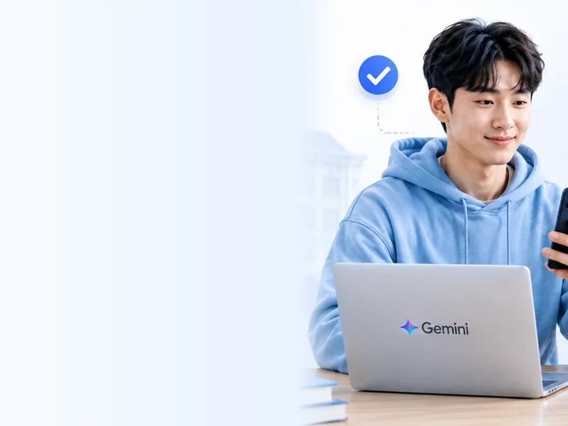 노트북을 사용하는 대학생과 AI 학습 변화를 표현한 제미나이 학생 혜택 배경 이미지