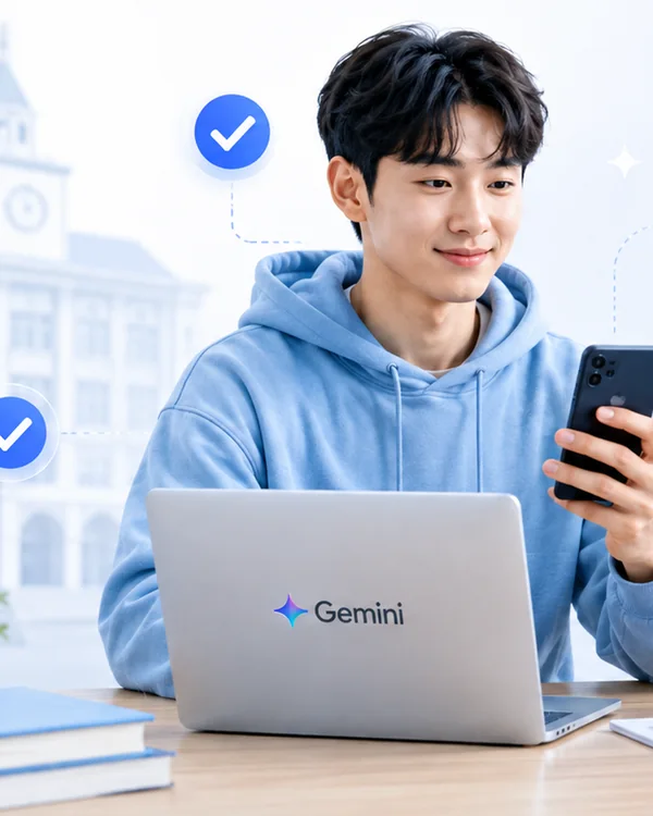 노트북과 스마트폰으로 개인 계정 로그인을 준비하는 대학생 장면