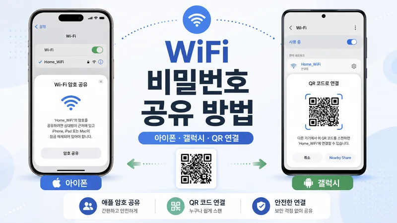 WiFi 비밀번호 공유 방법을 보여주는 아이폰과 갤럭시 QR 연결 안내