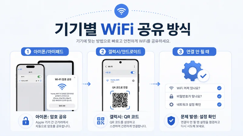 아이폰 암호 공유와 갤럭시 QR 공유 방식의 차이를 보여주는 WiFi 연결 흐름