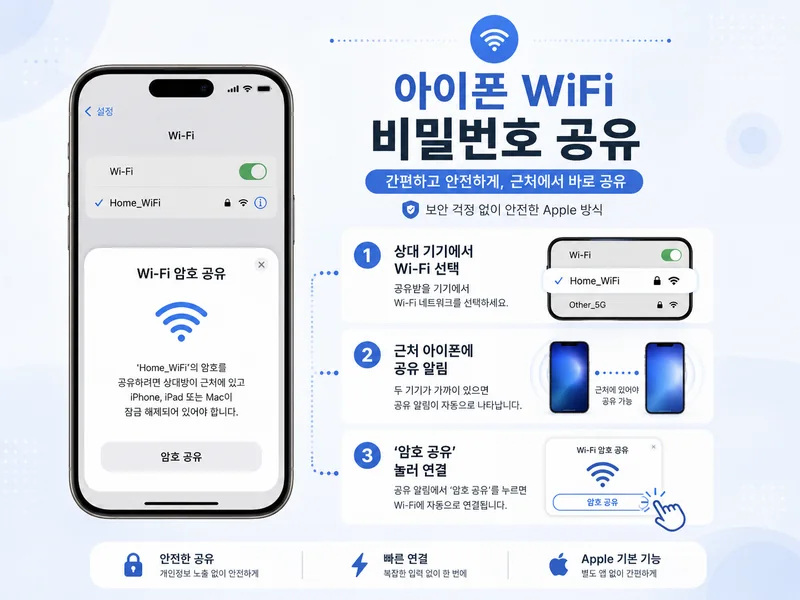 아이폰에서 근처 Apple 기기에 WiFi 암호를 공유하는 화면 흐름