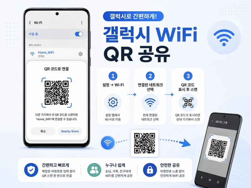 갤럭시에서 연결된 WiFi의 QR 코드를 표시해 다른 기기를 연결하는 흐름