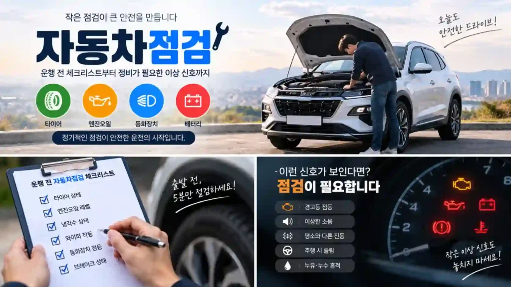자동차점검 체크리스트와 타이어 등화장치 엔진룸을 확인하는 차량 점검 장면