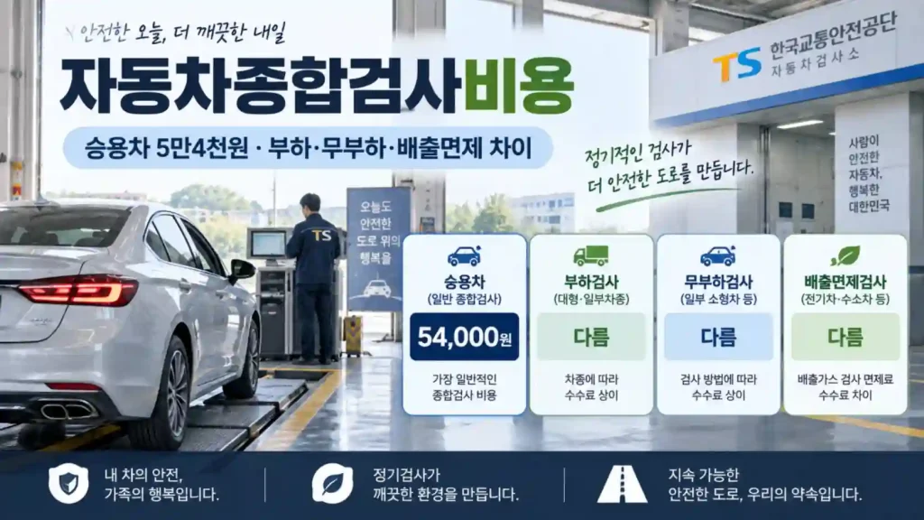 자동차종합검사비용 승용차 5만4천원과 부하 무부하 배출면제 수수료를 비교하는 장면