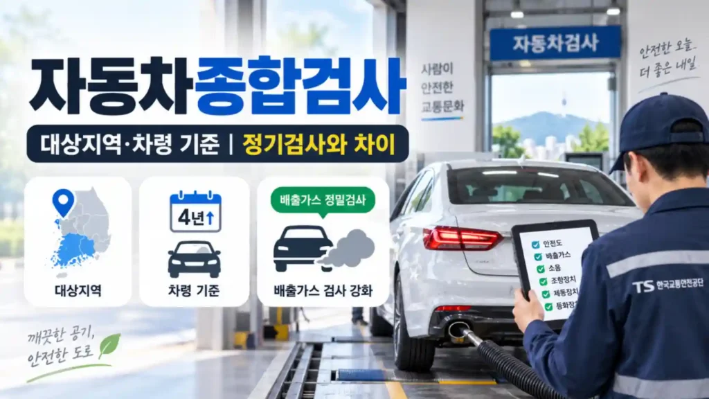 자동차종합검사 대상지역과 차령 기준 정기검사 차이를 보여주는 차량 검사 장면