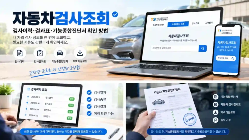 자동차검사조회에서 검사이력과 결과표 기능종합진단서를 확인하는 화면