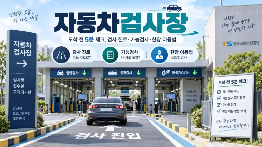 자동차검사장 방문 전 검사 진로와 가능검사를 확인하는 차량 검사 현장 장면