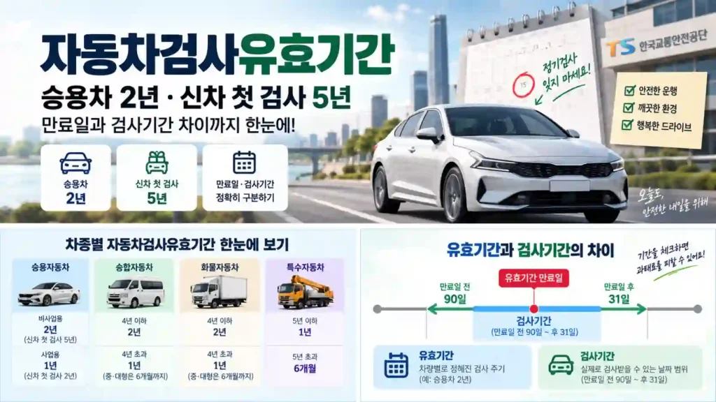 자동차검사유효기간 승용차 2년과 신차 첫 검사 5년 기준을 달력과 차량으로 보여주는 장면