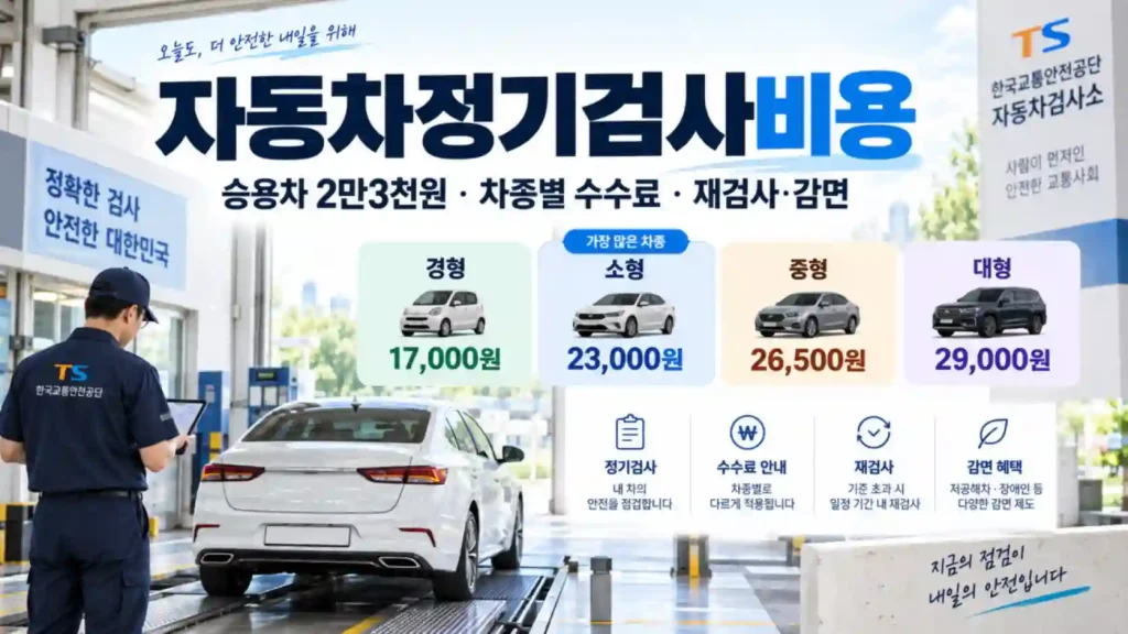 자동차정기검사비용 차종별 수수료와 승용차 소형 수수료를 비교하는 차량 검사 장면