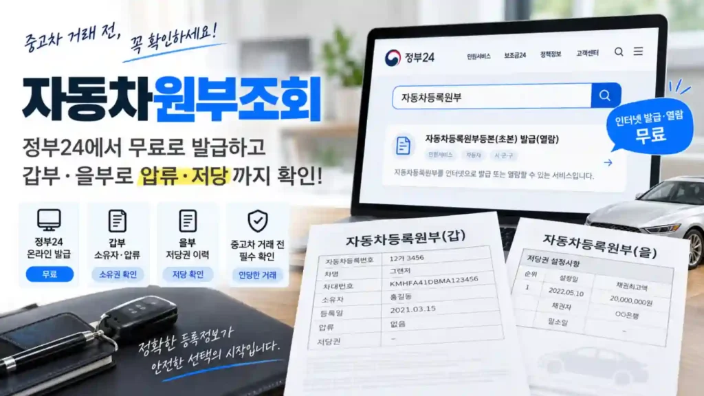 자동차원부조회 정부24 무료 발급과 갑부 을부 압류 저당 확인을 보여주는 차량 등록 서류 장면