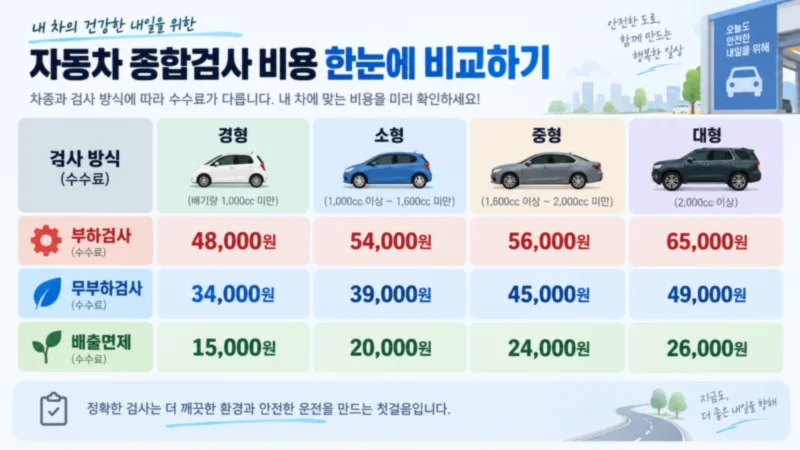 자동차종합검사비용 부하 무부하 배출면제와 경형 소형 중형 대형 수수료를 비교하는 장면