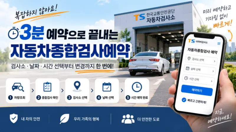 자동차종합검사예약 차량조회 검사소 날짜 시간 선택을 5단계로 보여주는 화면