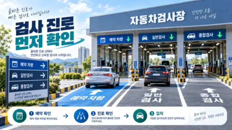 자동차검사장 입구에서 예약 차량이 검사 진로와 차선을 확인해 입차하는 순서